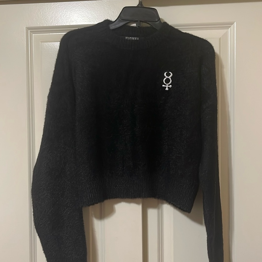 Disturbia black fuzzy mock-neck sweater. Cropped, long sleeves. Women’s medium